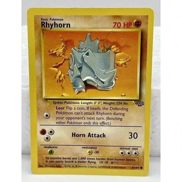 Unlimited Jungle Rhyhorn 61/64 Pokemon Card Non Halo WOTC Vintage‎ NM - Picture 1 of 6